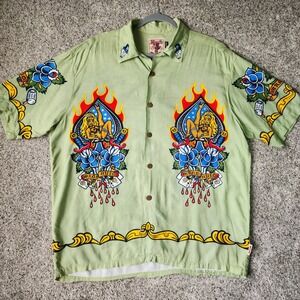Mambo Loud Shirt Mens Large Green Mans Ruin Tattoo‎ Graphic Rayon Excellent